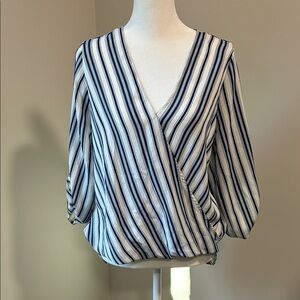 Blue & White striped V-neck Three-quarter length button up sleeve blouse. SP